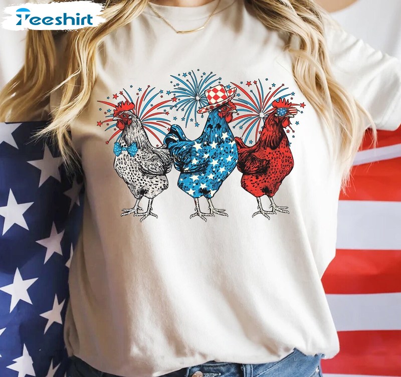 Vintage Chicken 4th Of July Shirt, Cool Design Independence Day Crewneck Long Sleeve