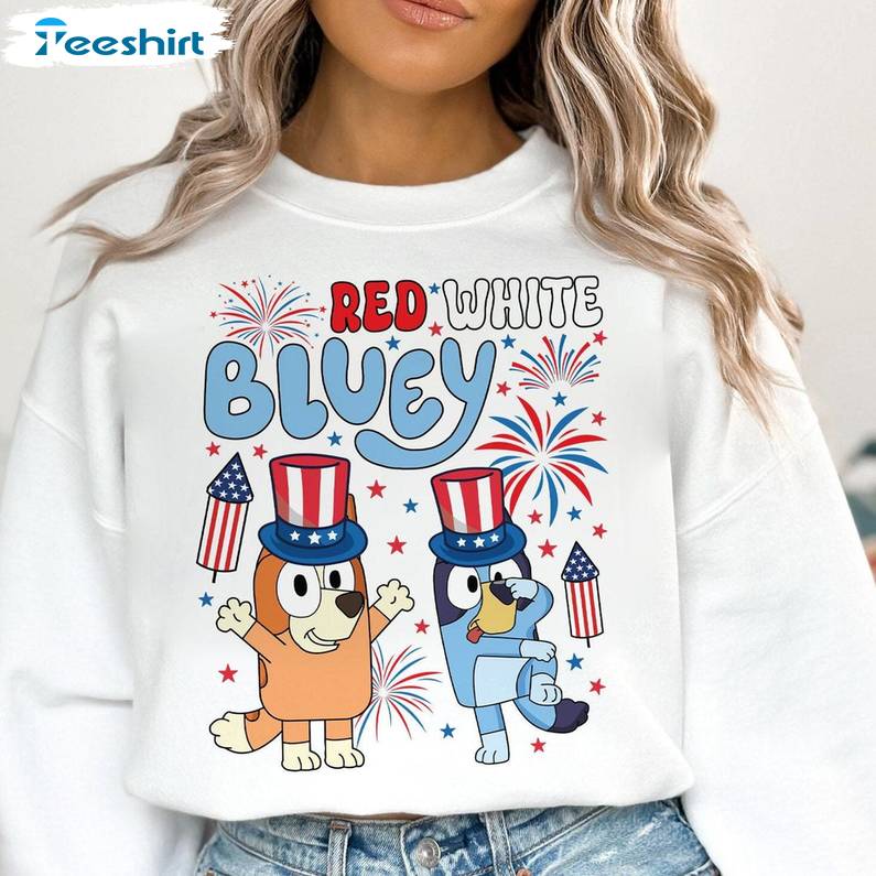 Cool Design Red White And Bluey Shirt, Limited America Short Sleeve Crewneck