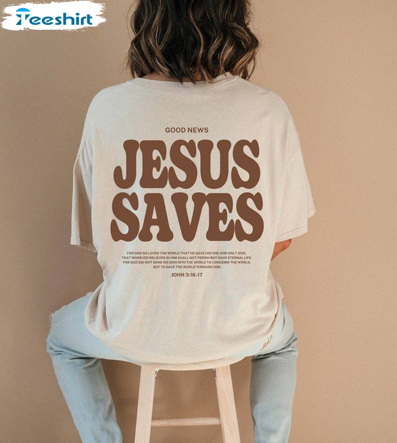 Jesus Saves Inspired Trendy Shirt, Creative Christian Apparel Brown Long Sleeve Tee Tops