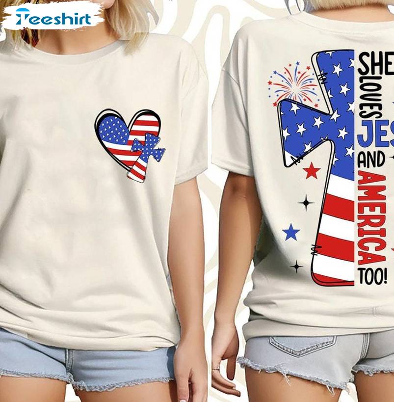 New Rare She Loves Jesus And America Too Shirt, Cross Patriotic Crewneck Long Sleeve