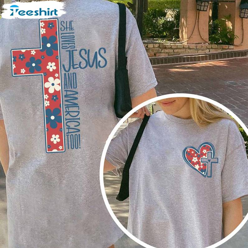 Groovy She Loves Jesus And America Too Shirt, Unisex Hoodie Short Sleeve Gift For Men