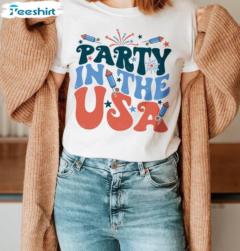 Cool Design Party In The Usa Shirt, Groovy Memorial Day Crewneck Long Sleeve