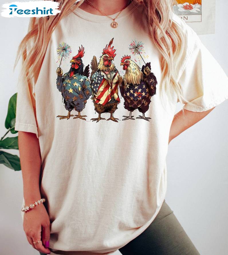 New Rare Chicken 4th Of July Shirt, Trendy Usa Flag Crewneck Long Sleeve