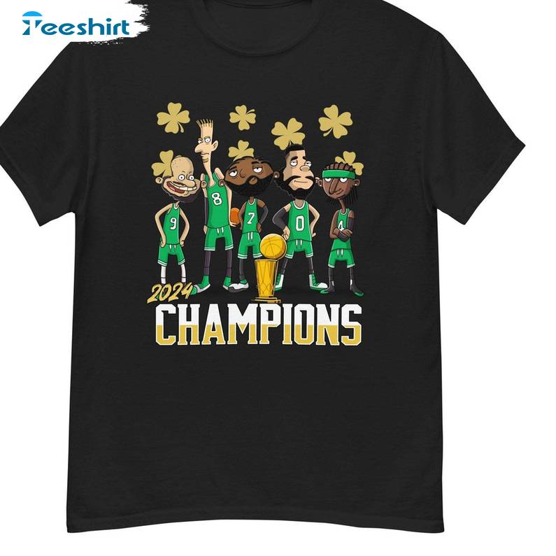 New Rare Celtics Championship Shirt, Trendy Cartoon Short Sleeve Crewneck