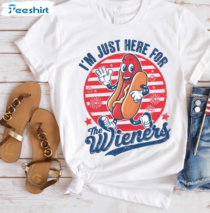 Creative Just Here For The Wieners Shirt, Groovy 4th Of July Short Sleeve Crewneck