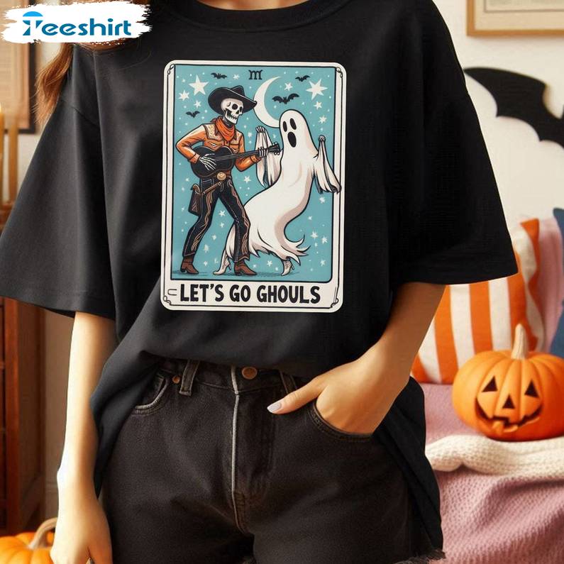 Comfort Cowboy Skeleton Dancing With Ghost Sweatshirt , Vintage Lets Go Ghouls Shirt Sweater