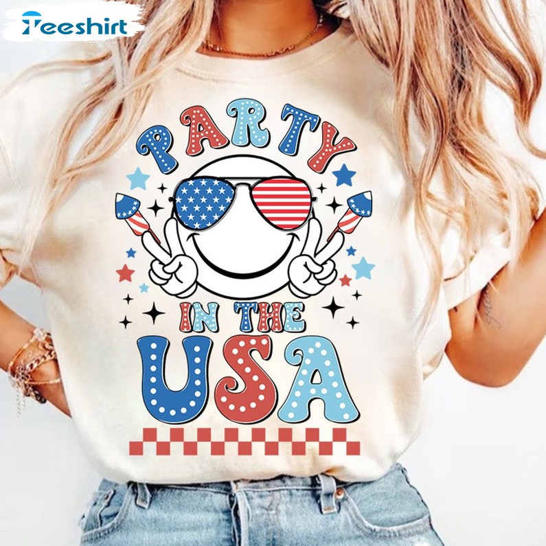 Party In The Usa Cool Design Shirt, Must Have Smiley Face Crewneck Long Sleeve