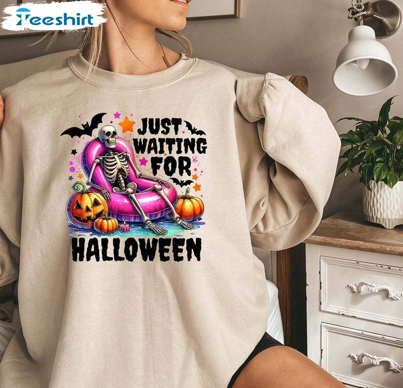 Halloween Skeleton Unisex Hoodie, Trendy Just Waiting For Halloween Shirt Tee Tops