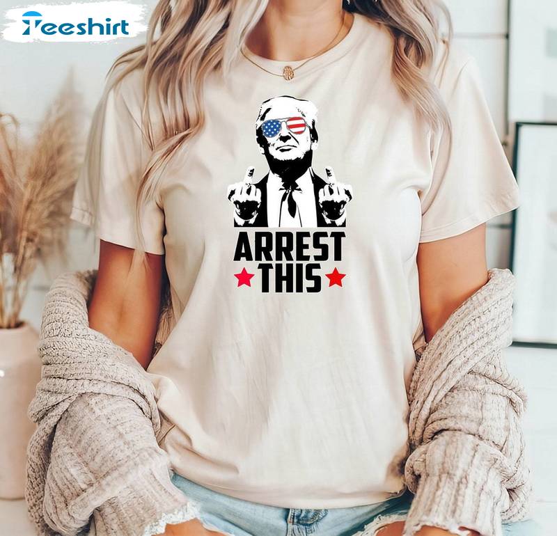 New Rare Arrest This Shirt, Middle Fingers Blazin Usa Funny T Shirt Crewneck