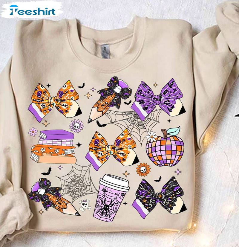 Teacher Halloween Pencil Unisex Hoodie, Halloween Coquette Bow Long Sleeve Tee Tops