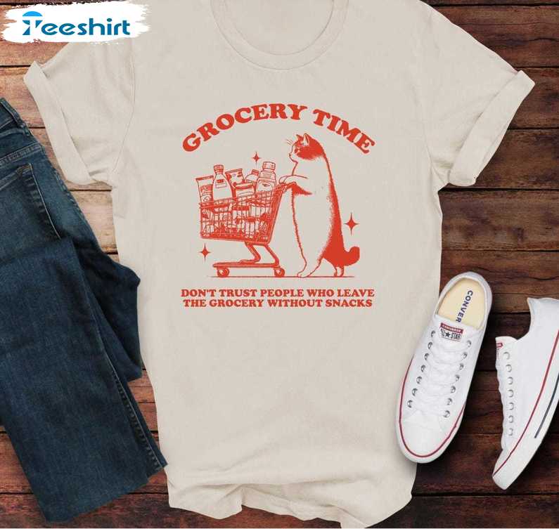 Grocery Time Retro Unisex Hoodie, Vintage Cat Lover Short Sleeve Crewneck