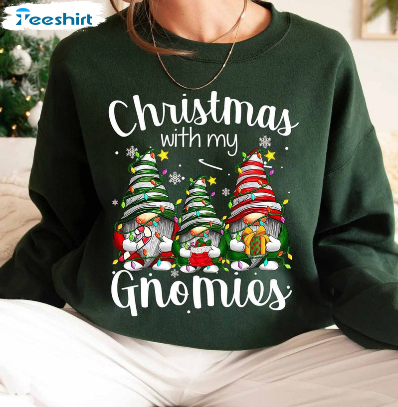 Christmas With My Gnomies Sweatshirt - Gnomes Candy Xmas Lights Short Sleeve Tee Tops