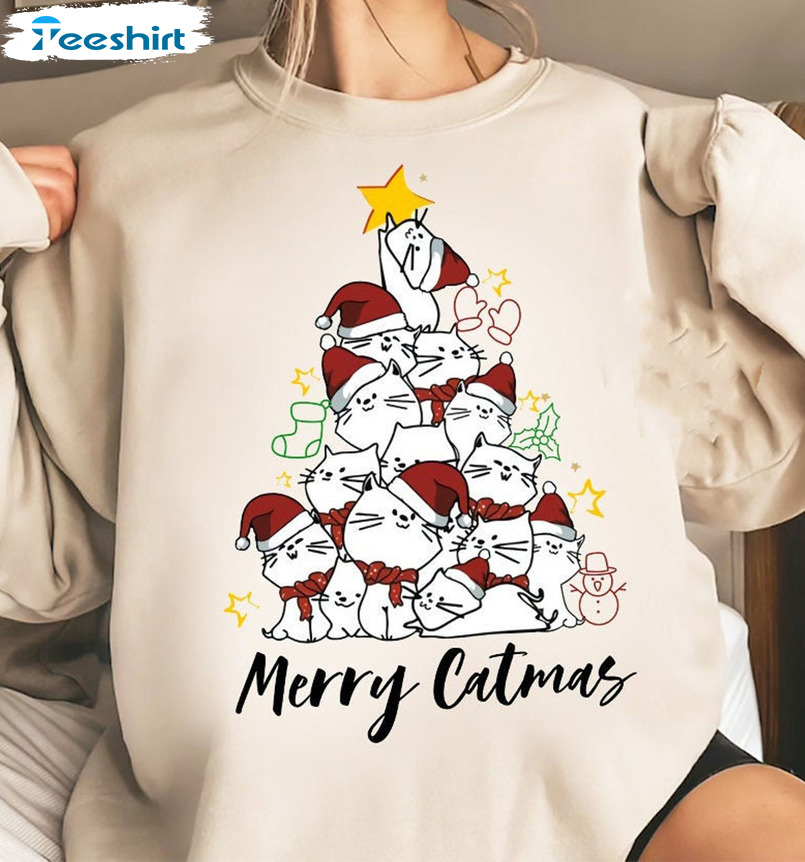 Merry Catmas Christmas Shirt - Cute Christmas Tree Short Sleeve Tee Tops