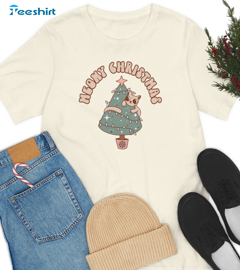 Meowy Christmas Sweatshirt - Cute Cat And Christmas Tree Unisex Hoodie Long Sleeve