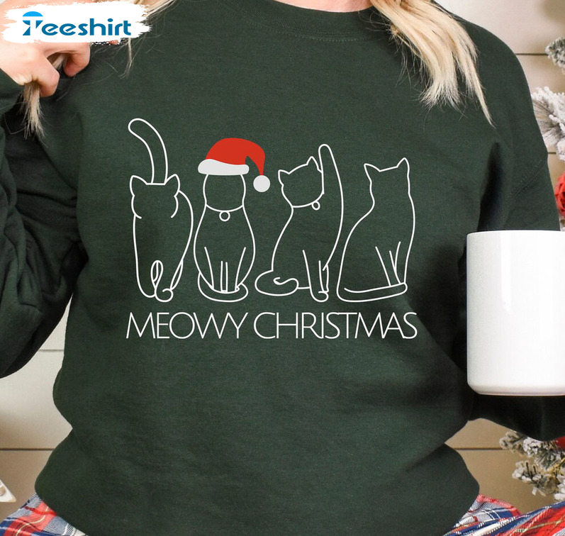 Meowy Christmas Shirt - Christmas Cat Funny Unisex Hoodie Short Sleeve