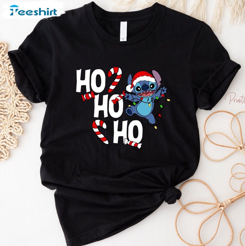 Ho Ho Ho Disney Christmas Shirt - Stitch Wearing Santa Hat Short Sleeve Hoodie