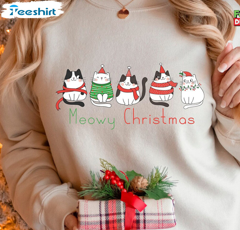 Meowy Christmas Shirt - Cute Xmas Cat Long Sleeve Tee Tops