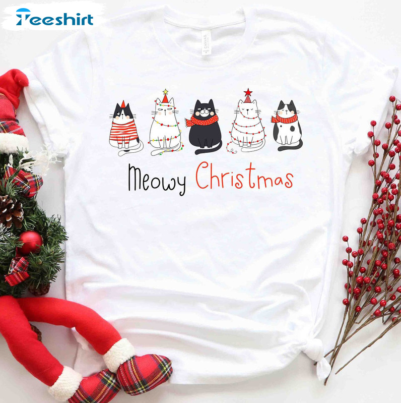 Meowy Christmas Shirt - Merry Christmas Cat Lover Unisex Hoodie Long Sleeve