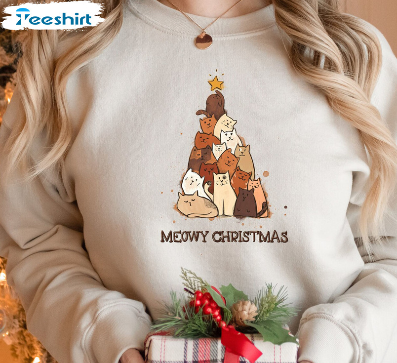 Meowy Christmas Sweatshirt - Christmas Tree Unisex Hoodie Short Sleeve