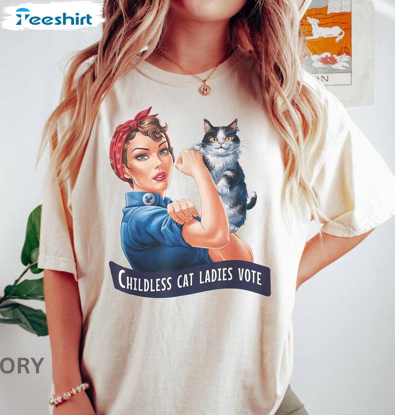 Strong Childless Cat Lady Shirt, Vote 2024 Feminist Long Sleeve Tank Top