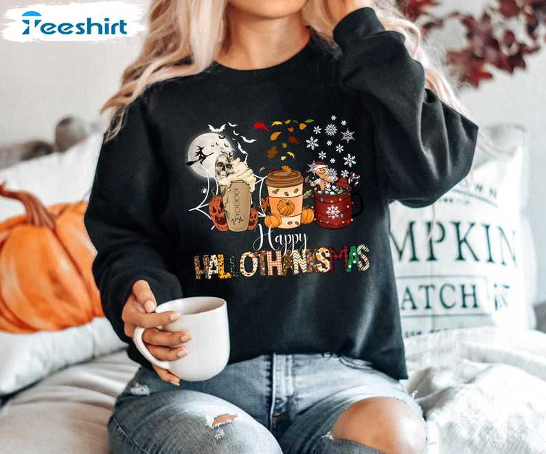 Happy Hallothanksmas Sweatshirt, Halloween Coffee Shirt, Long Sleeve Cotton, Hoodie, Merch