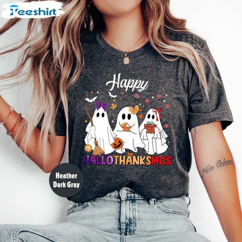 Happy Hallothanksmas Ghost Shirt, Halloween Party Tees, Long Sleeve Cotton, Hoodie, Merch