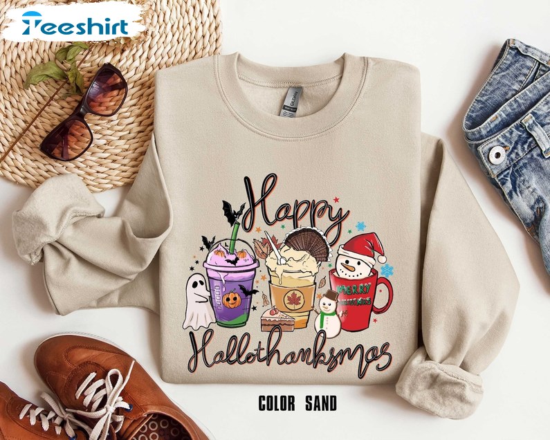 Happy Hallothanksmas Sweatshirt, Christmas Thanksgiving Shirt, Long Sleeve Cotton, Hoodie