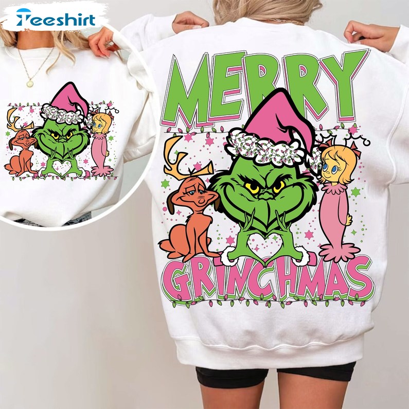 Retro Pink Christmas Sweatshirt, Merry Grinchmas Shirt, Long Sleeve Cotton, Hoodie