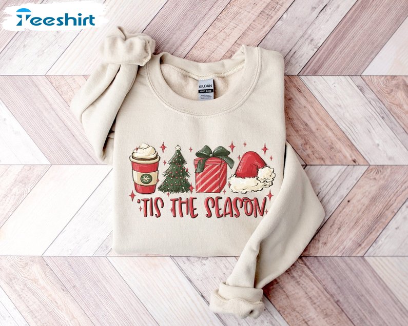 Tis The Season Christmas Sweatshirt, Xmas Coffee Shirt, Long Sleeve Cotton, Hoodie