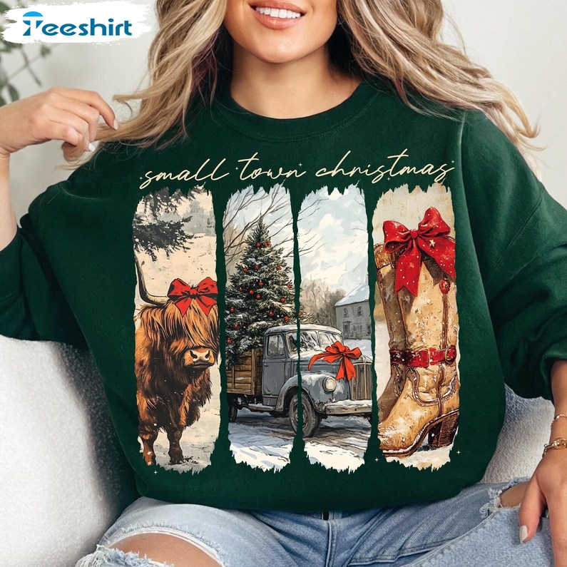 Vintage Small Town Christmas Shirt, Cowgirl Highland Tee, Long Sleeve Cotton, Hoodie, Merch