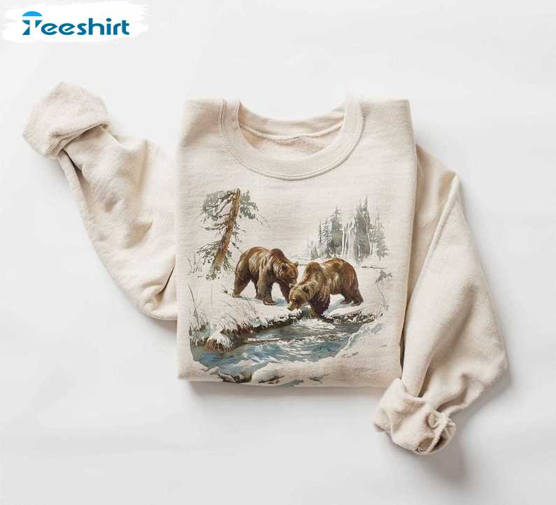 Retro Grizzly Bears Wilderness Scene Sweatshirt, Vintage Brown Bear Shirt, Long Sleeve Cotton, Hoodie, Merch