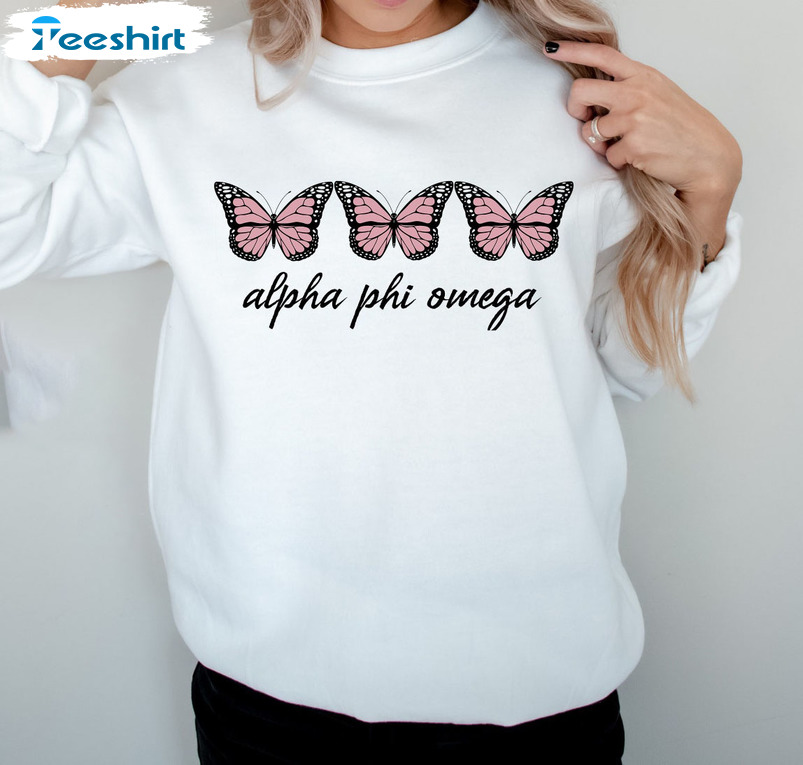 Alpha Phi Omega Trendy Butterfly Shirt - Apo Frat Long Sleeve Crewneck