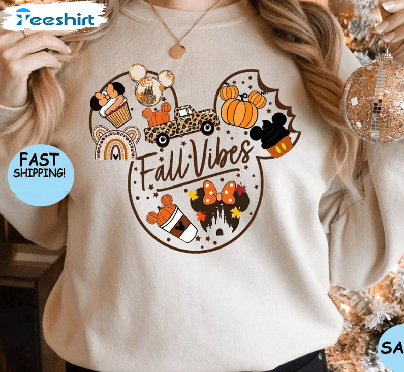 Fall Vibes Shirt - Disney Mickey Thanksgiving Crewneck Short Sleeve