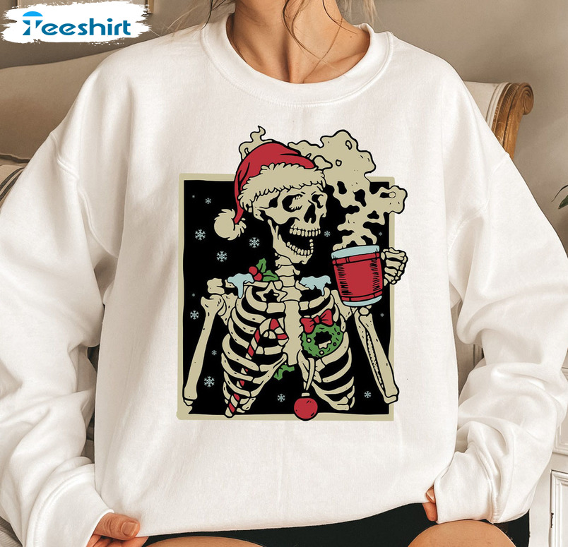 Skeleton Christmas Sweatshirt - Sarcastic Christmas Coffee Short Sleeve Sweater