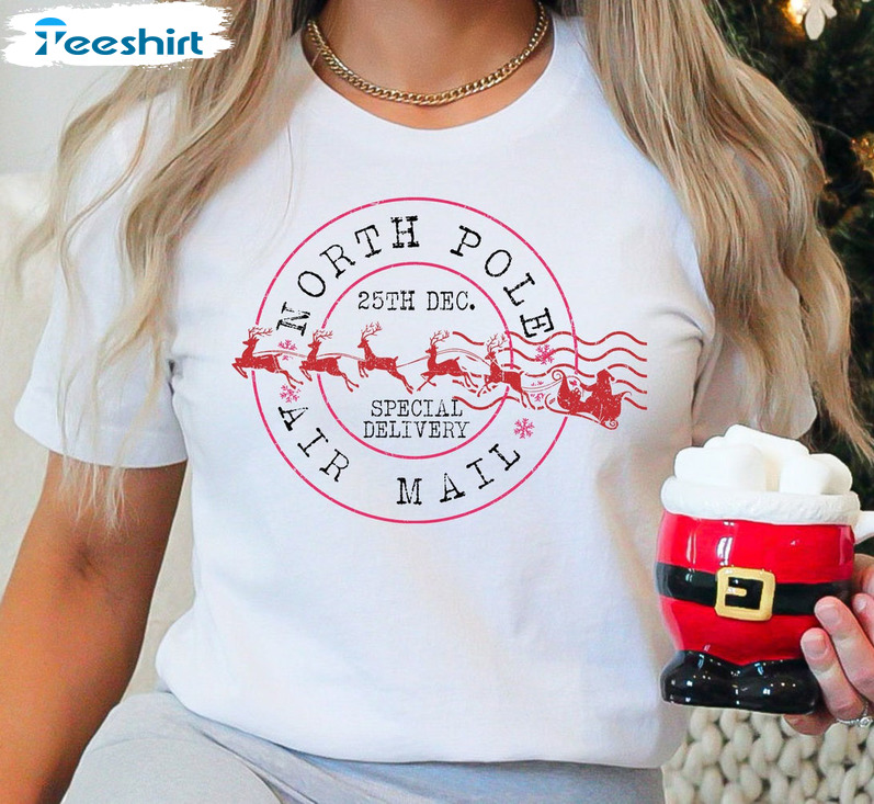 North Pole Air Mail Shirt - Santa And Reindeer Unisex T-shirt Long Sleeve