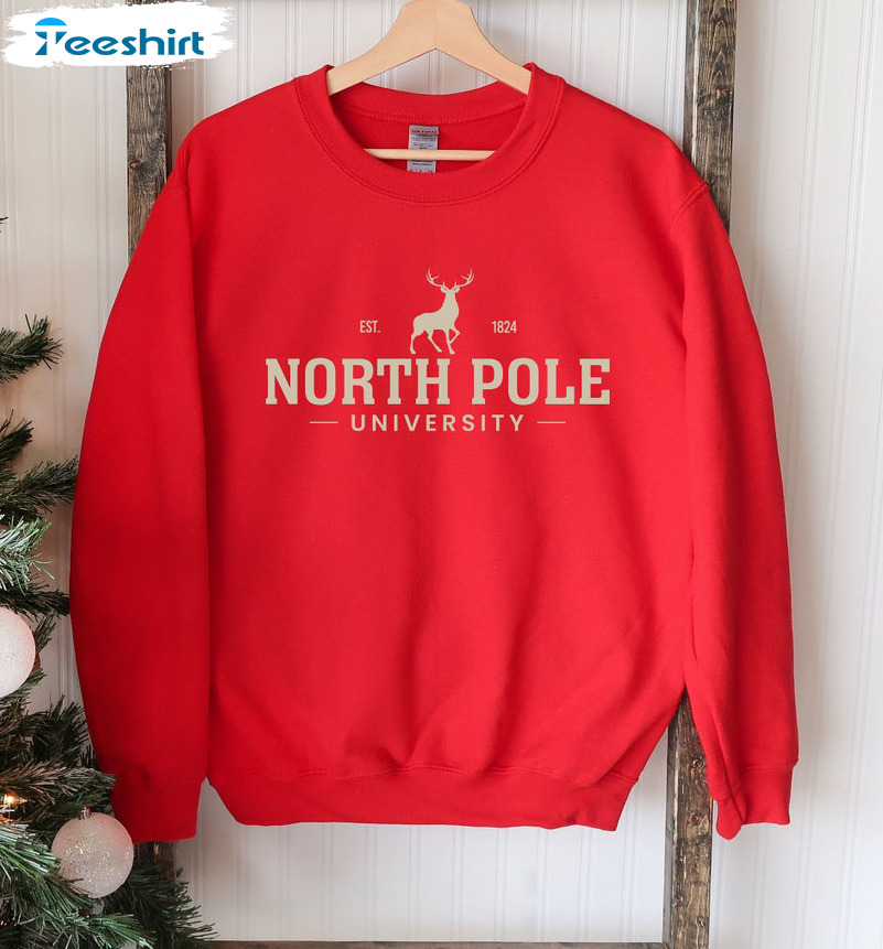 North Pole Univeristy Shirt - Christmas Reindeer Short Sleeve Sweater