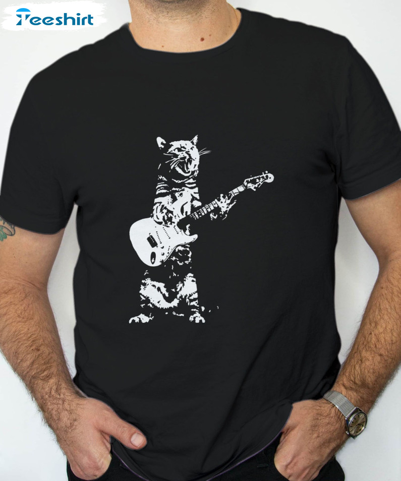 Cat Playing Guitar Shirt - Lady Tee Guitar Sweatshirt Short Sleeve