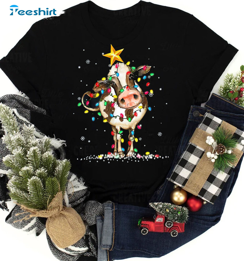 Christmas Cow Shirt - Cow Reindeer Crewneck Unisex Hoodie