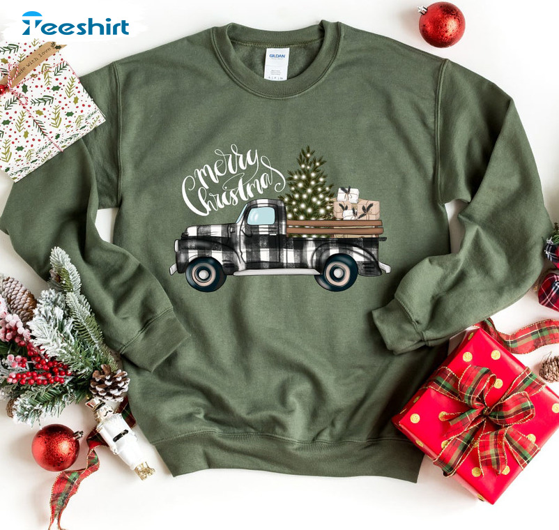 Merry Christmas Truck Shirt - Plaid Truck Crewneck Sweatshirt