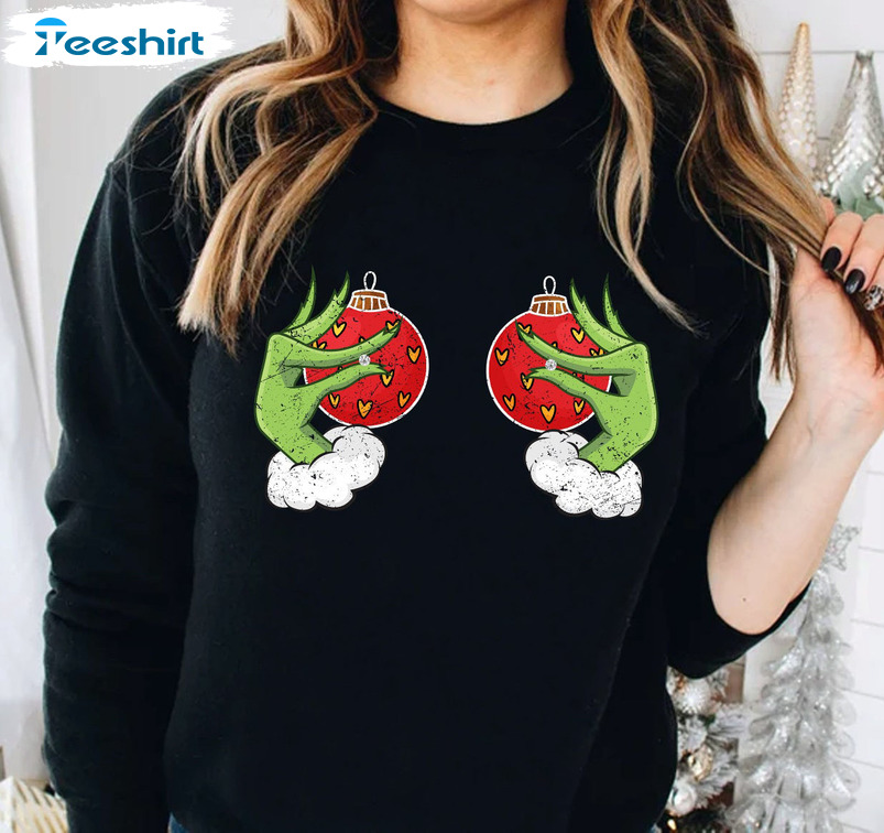 Christmas Boobies Shirt - Grinch's Hand Is On The Breast Tee Tops Crewneck