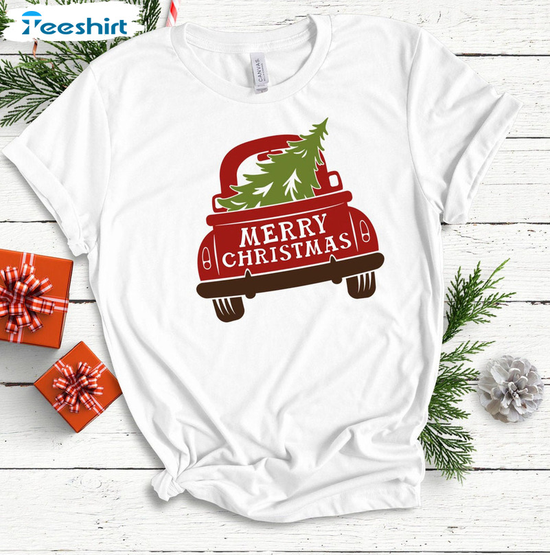 Merry Christmas Truck Shirt - Red Truck Unisex T-shirt Long Sleeve