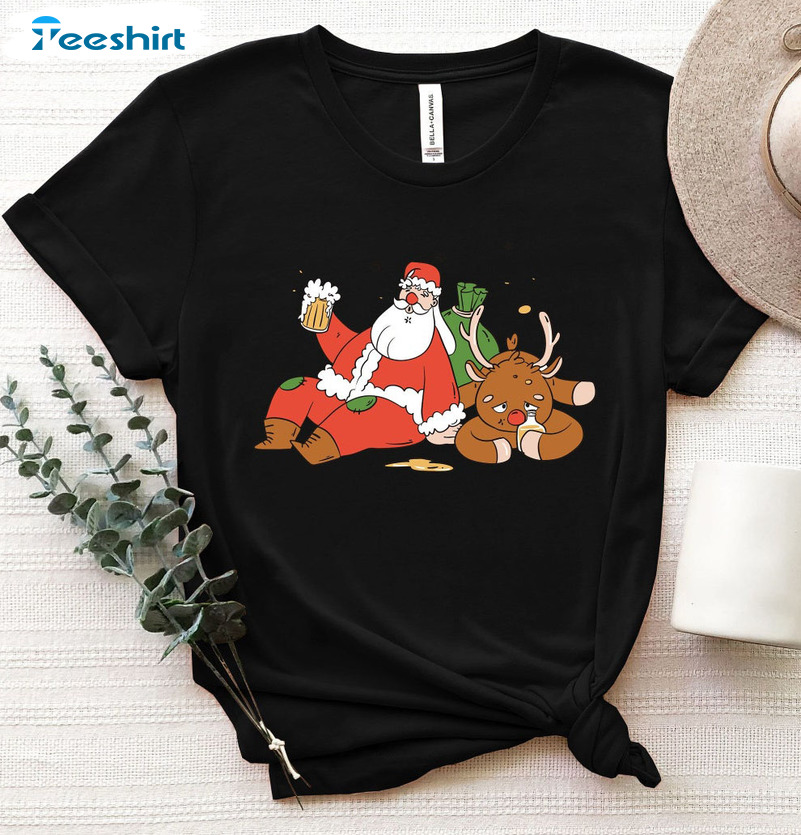 Christmas Drinking Party Shirt - Santa Claus And Reindeer Short Sleeve Tee Tops