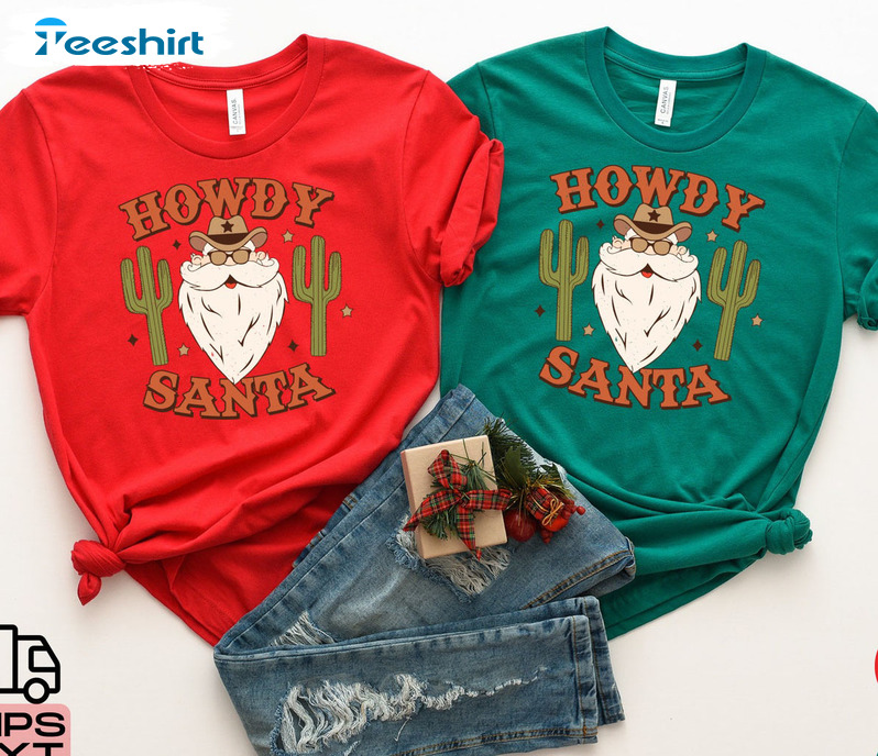 Howdy Santa Shirt - Western Howdy Retro Santa Short Sleeve Crewneck