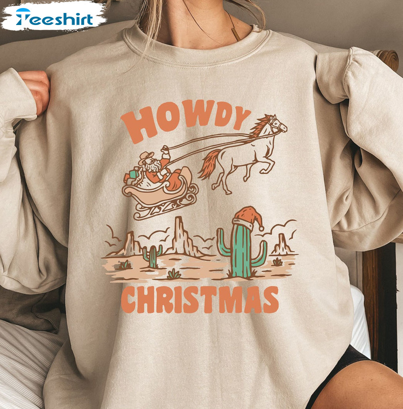 Howdy Christmas Shirt - Santa Christmas Western Short Sleeve Crewneck