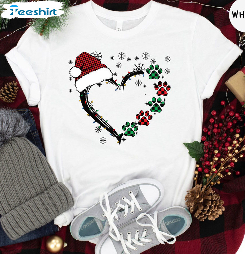 Christmas Dog Paws Shirt - Dog Heart Unisex Hoodie Long Sleeve
