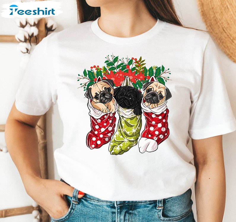 Christmas Pug Shirt - Christmas Pugs In Sock Tee Tops Short Sleeve