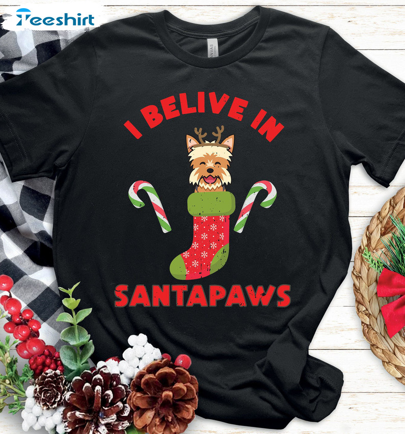 I Believe In Santa Paws Shirt - Funny Christmas Dog Stocking Short Sleeve Crewneck