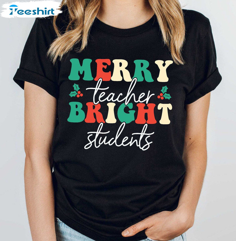 Merry Teacher Bright Student Shirt - Teacher School Christmas Tee Tops Short Sleeve