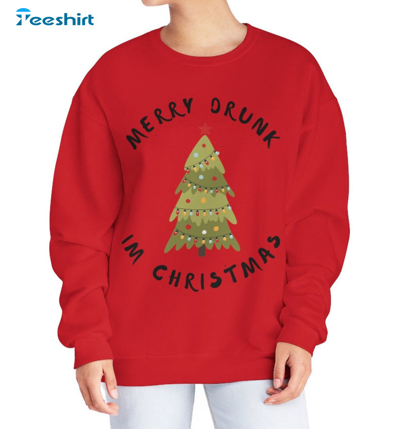 Merry Drunk I'm Christmas Shirt - Christmas Tree Crewneck Unisex Hoodie