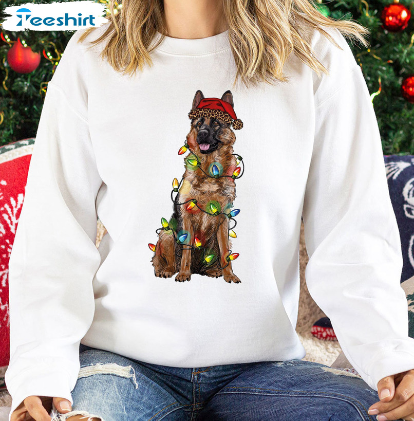 German Shepherd Christmas Shirt - Christmas Dog Lights Long Sleeve Crewneck